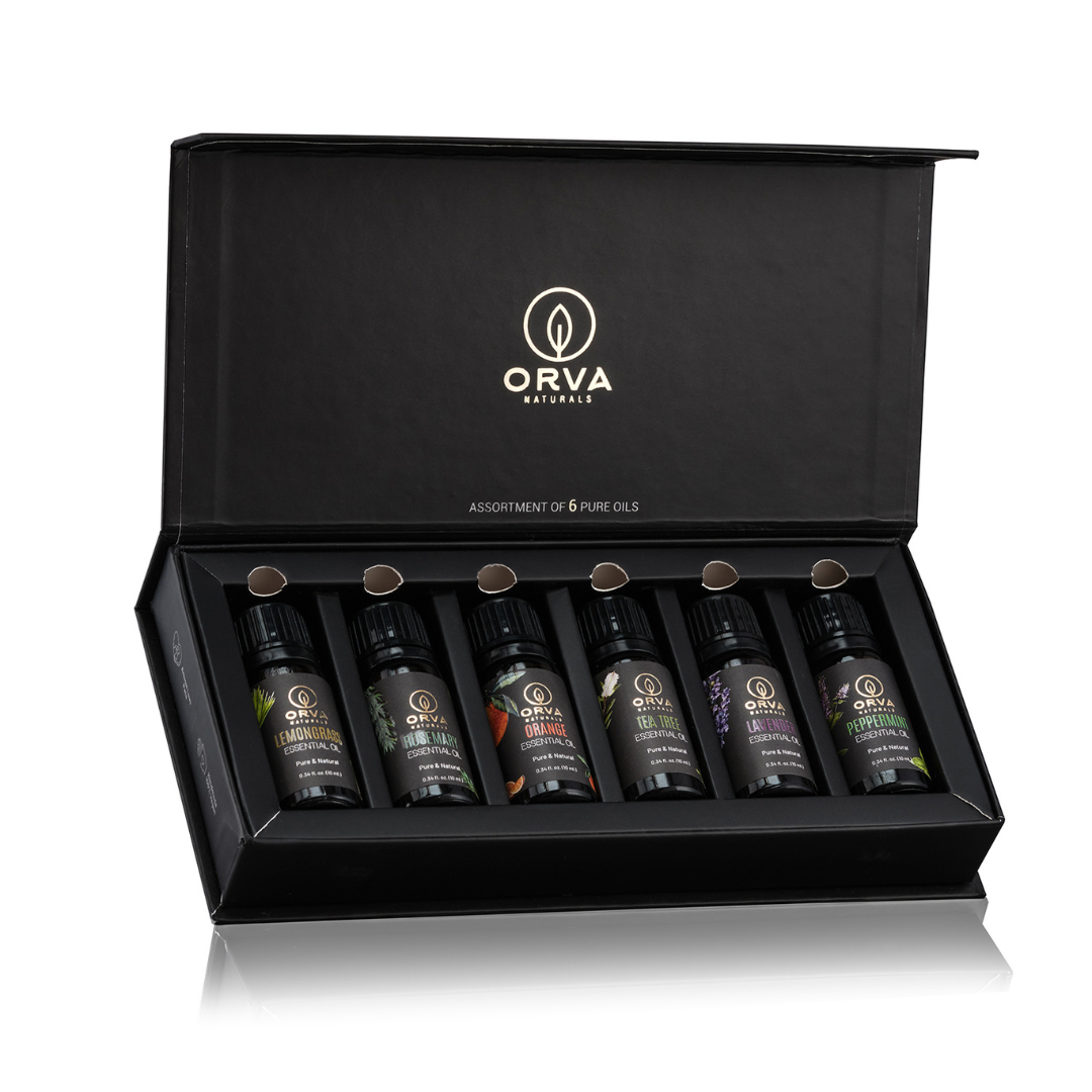 ORVA Naturals Essential Oil Combo Of 6 Units (Peppermint, Tea Tree, Orange, Rosemary, Lavender, and Lemongrass)