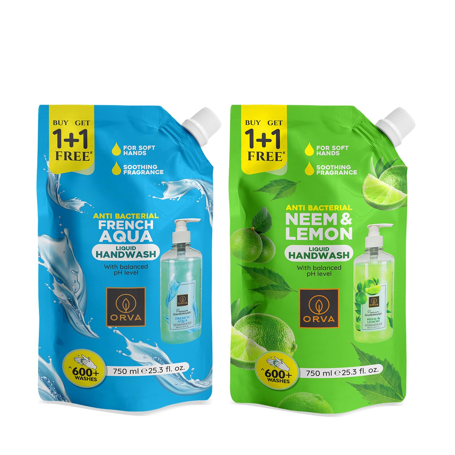 Orva refill pouch Hand Wash (Neem & Lemon + French Aqua)