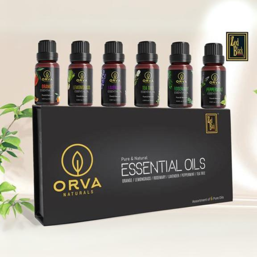 ORVA Naturals Essential Oil Combo Of 6 Units (Peppermint, Tea Tree, Orange, Rosemary, Lavender, and Lemongrass)