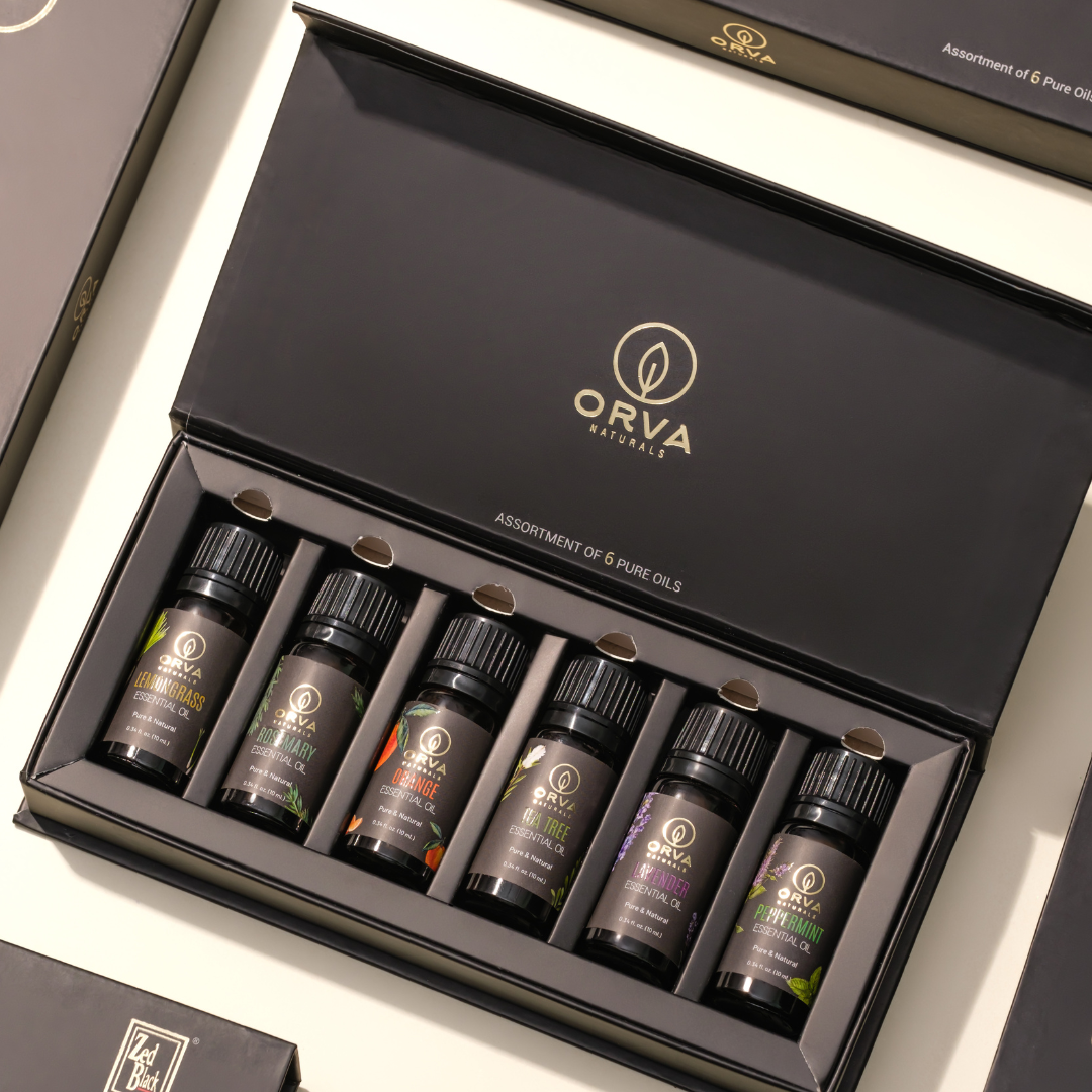 ORVA Naturals Essential Oil Combo Of 6 Units (Peppermint, Tea Tree, Orange, Rosemary, Lavender, and Lemongrass)
