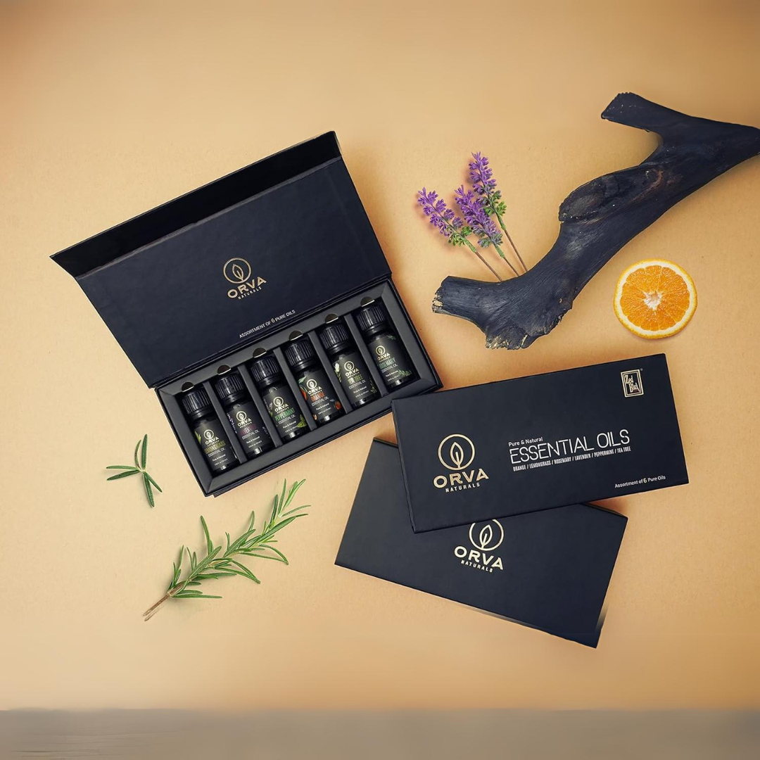 ORVA Naturals Essential Oil Combo Of 6 Units (Peppermint, Tea Tree, Orange, Rosemary, Lavender, and Lemongrass)