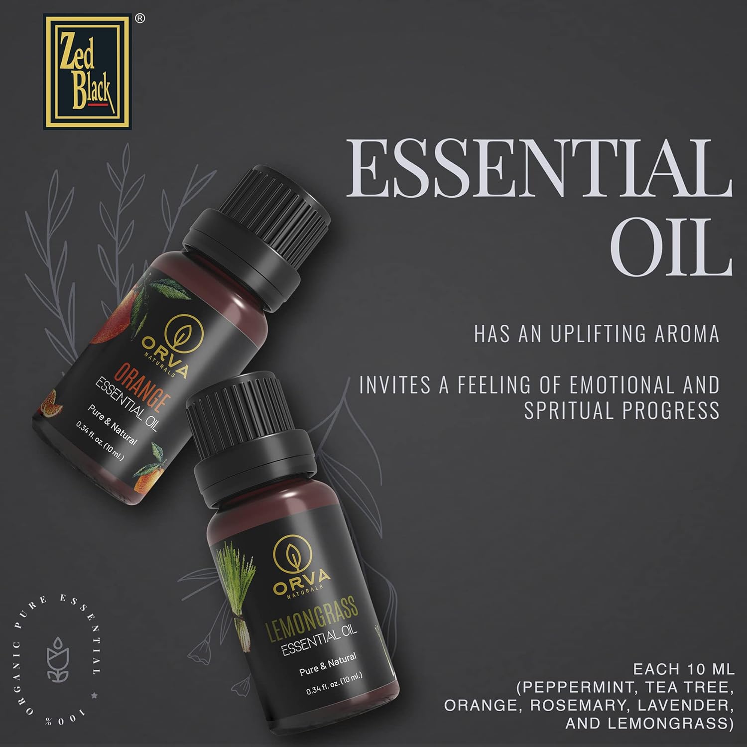 ORVA Naturals Essential Oil Combo Of 6 Units (Peppermint, Tea Tree, Orange, Rosemary, Lavender, and Lemongrass)