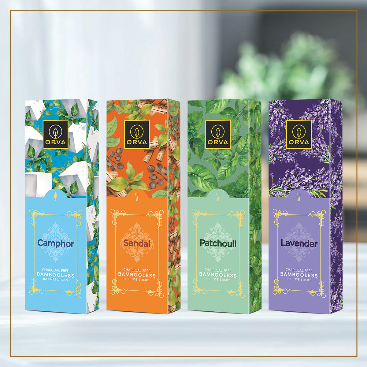ORVA Bambooless Incense sticks: Camphor, Lavender, Patchouli, Sandal Pack of 4 ( 360 g)
