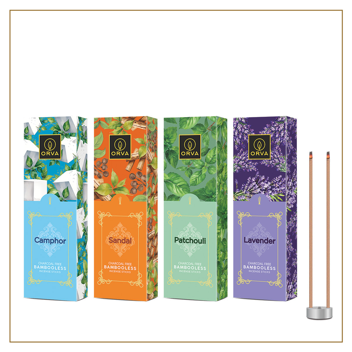 ORVA Bambooless Incense sticks: Camphor, Lavender, Patchouli, Sandal Pack of 4 ( 360 g)
